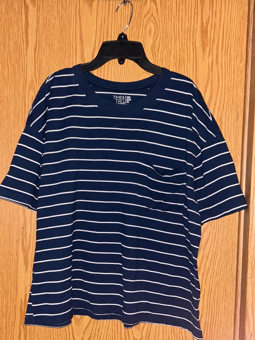 Time and Tru Navy and White Striped Pocket Tee